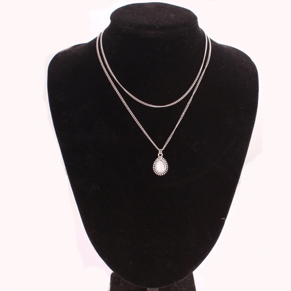Water Drop Bead Double Chain Silver Necklace - Picture 6 of 8